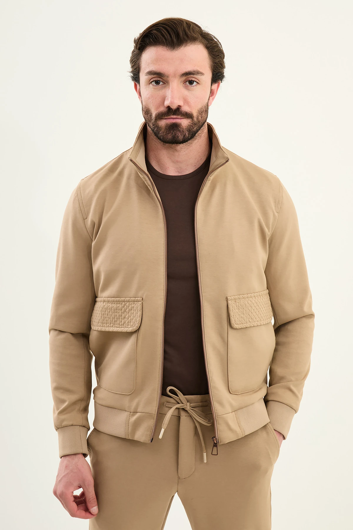 Düz Slim Fit Fermuarlı Torba Cepli Hakim Yaka Pantolon Mont - Bej