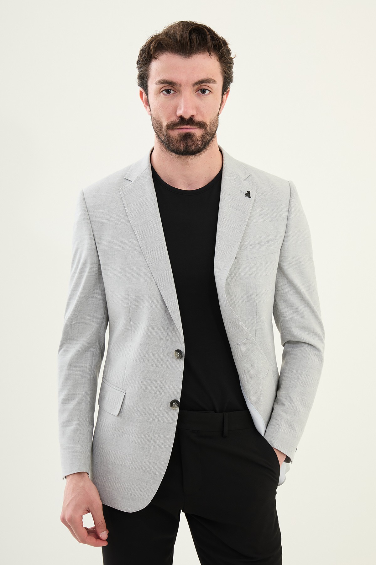 Ekoseli Slim Fit Mono Yaka Erkek Ceket - Gri