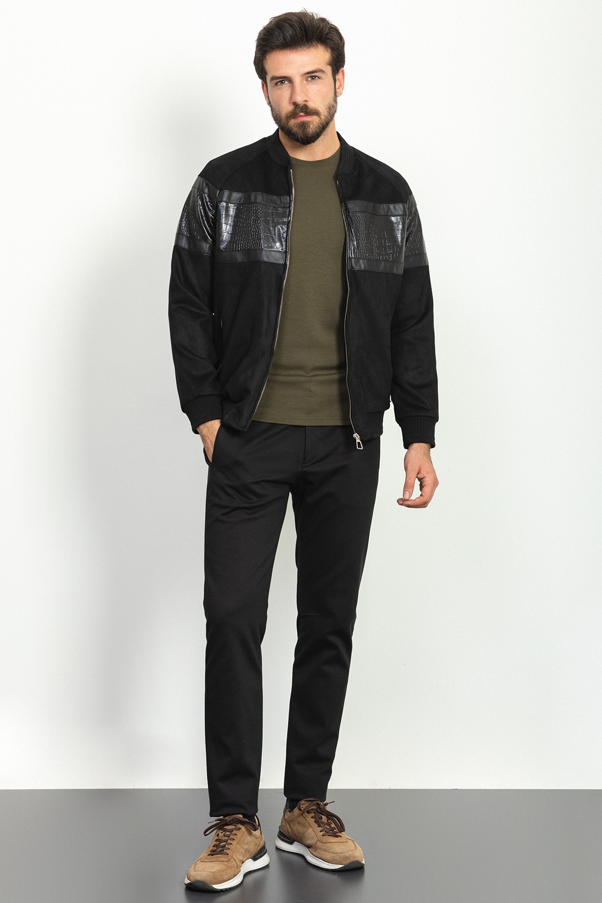 Parça Desenli Slim Fit Pilot Yaka Erkek Mont