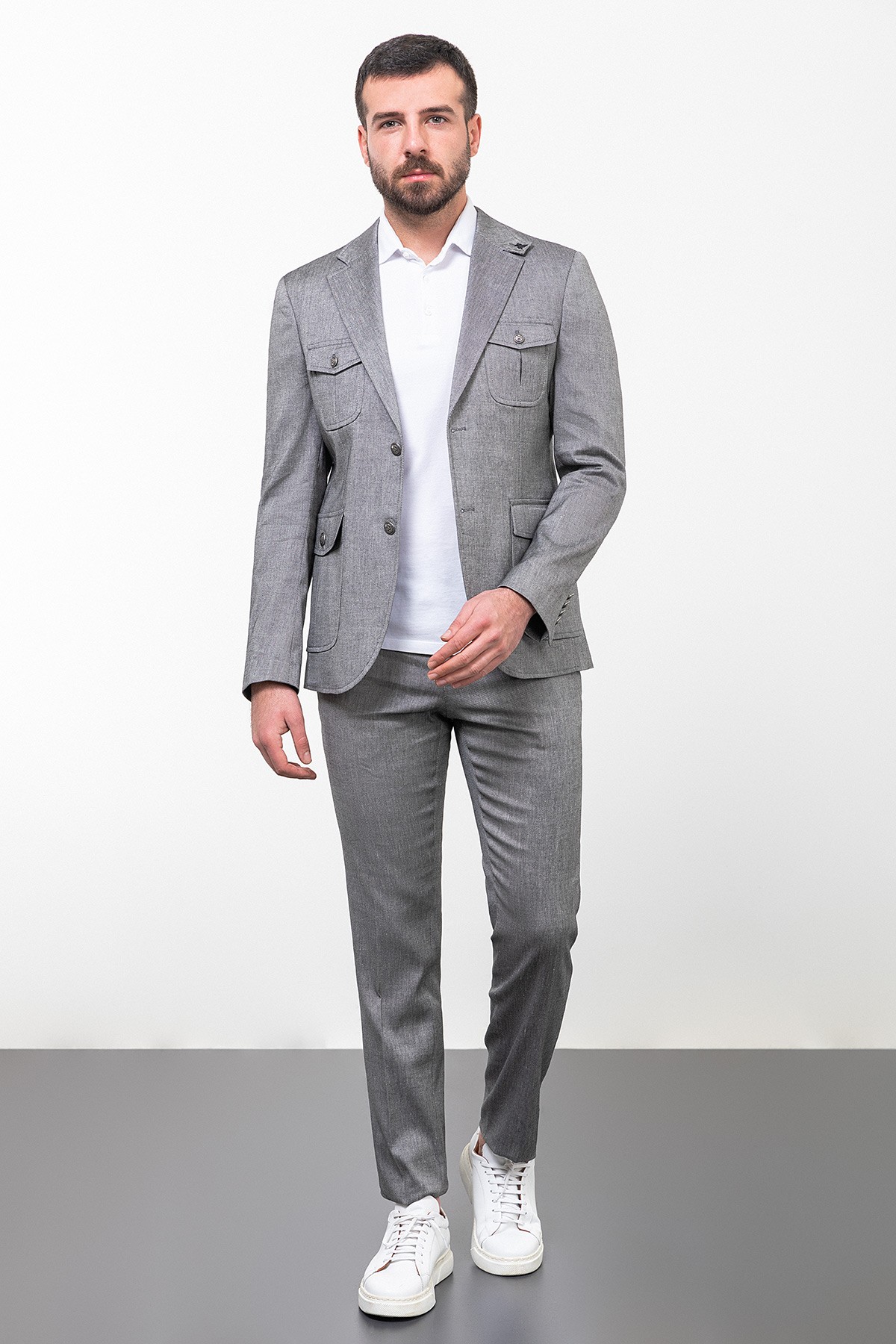 Kırçıllı Slim Fit Torba Cep Mono Yaka Keten Erkek Takım Elbise