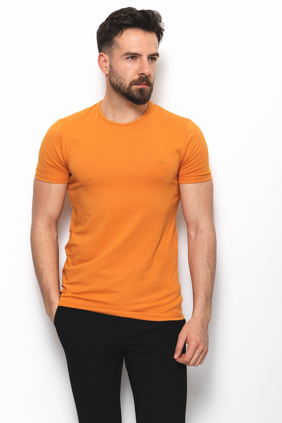 Düz Super Slim Fit Bisiklet Yaka Basic Erkek T-Shirt - Kayısı