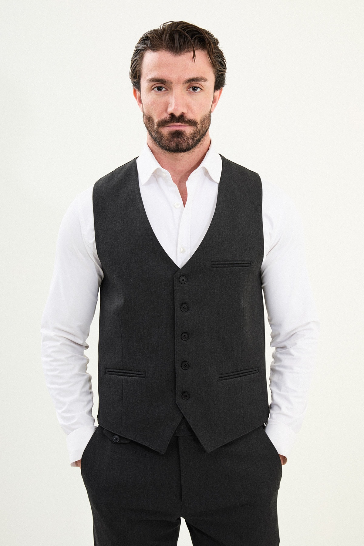 Düz Slim Fit Klasik Erkek Yelek - Antrasit