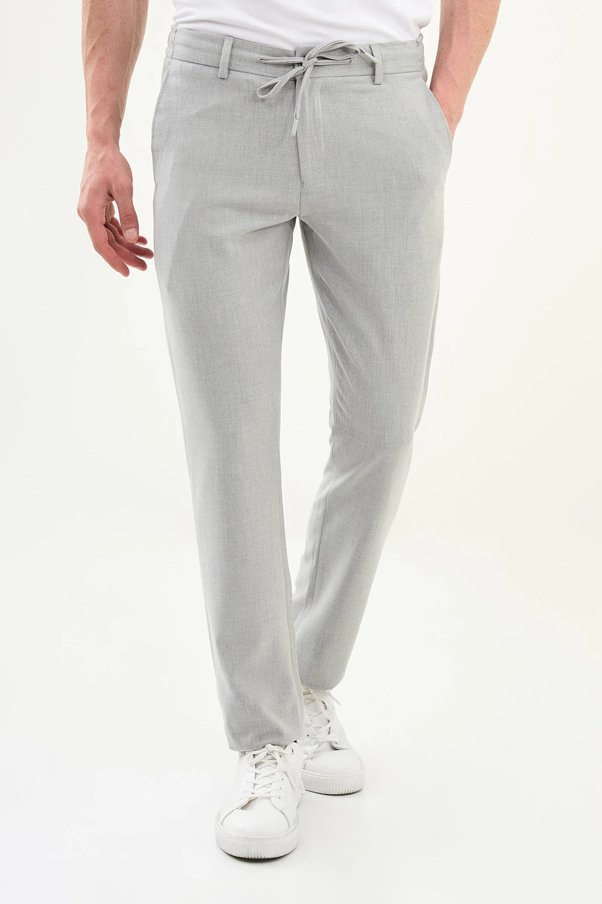 Düz Slim Fit İpli Beli Lastikli Erkek Pantolon - Gri