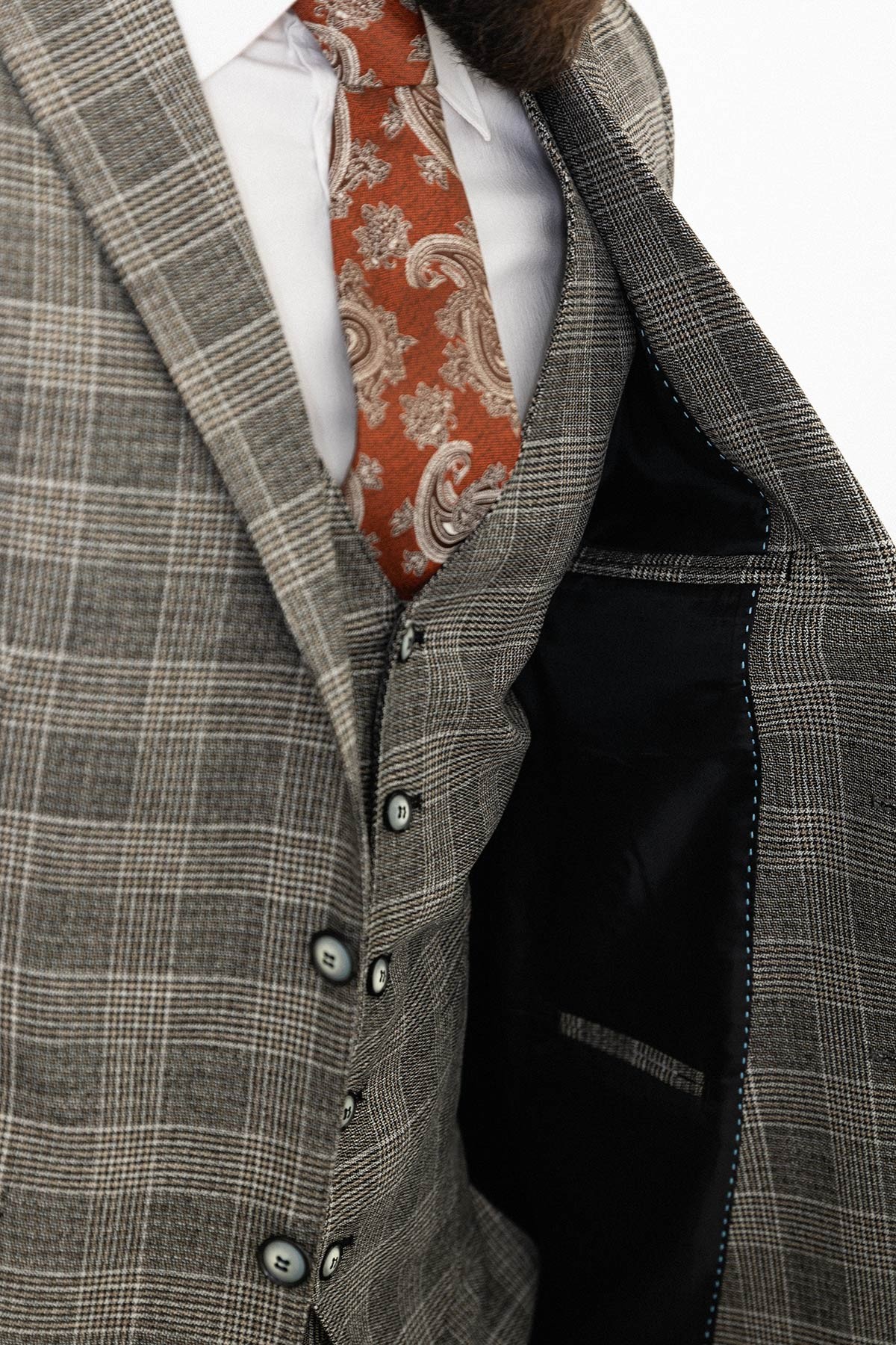 Ekoseli Slim Fit Mono Yaka Keten Erkek Takım Elbise