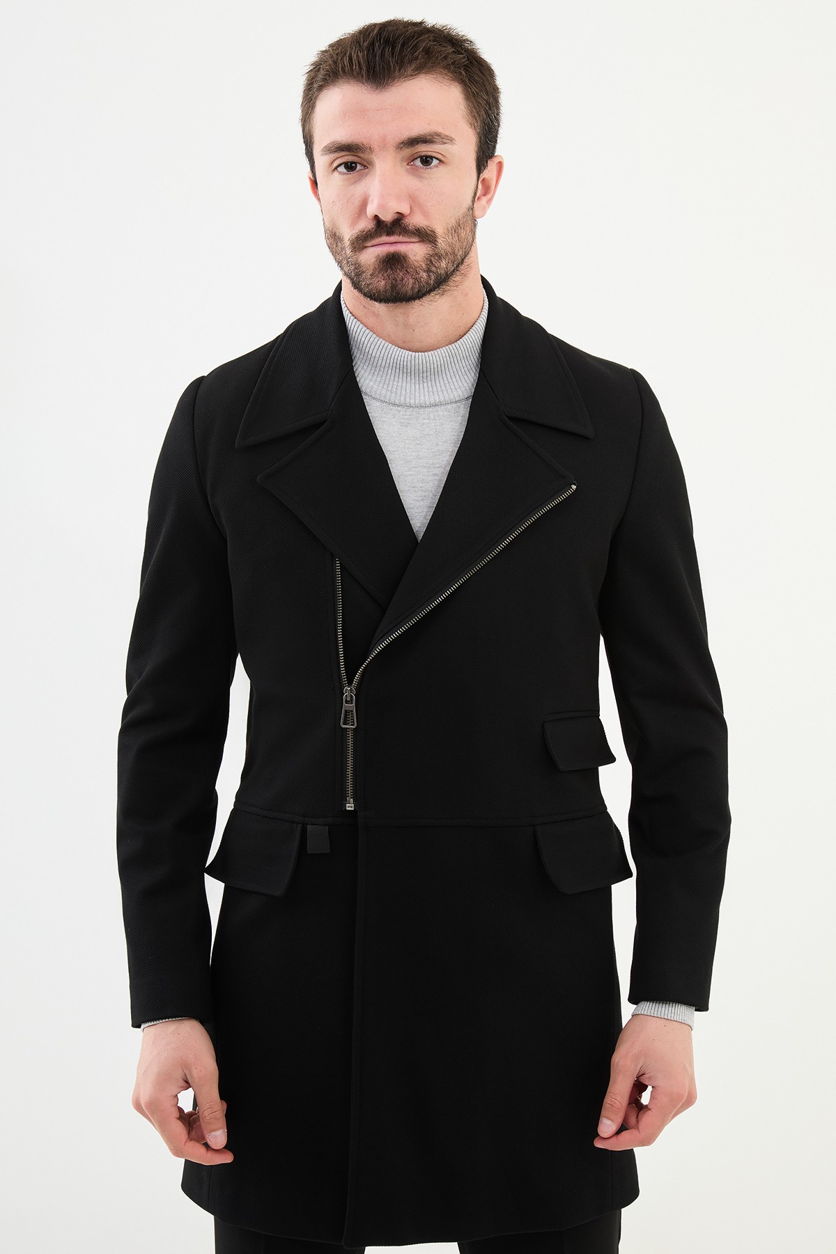 Desenli Slim Fit Çarpraz Fermuarlı Geniş Yaka Yün Erkek Kaban