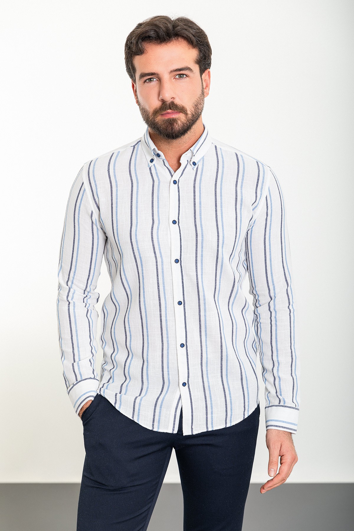 Çizgili Slim Fit Uzun Kollu Erkek Gömlek - Beyaz-Lacivert