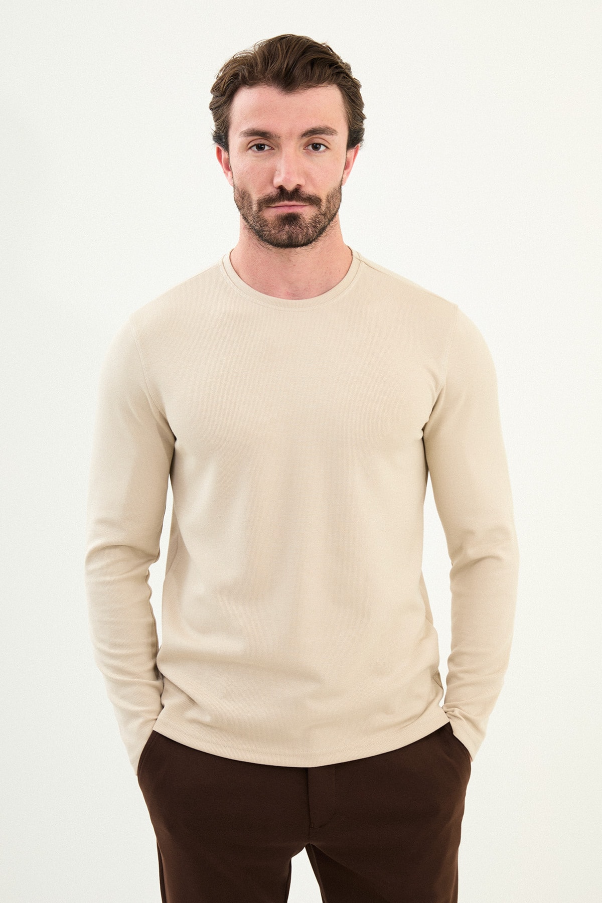 Desenli Slim Fit Bisiklet Yaka Uzun Kollu Erkek T-Shirt - Koyu Bej