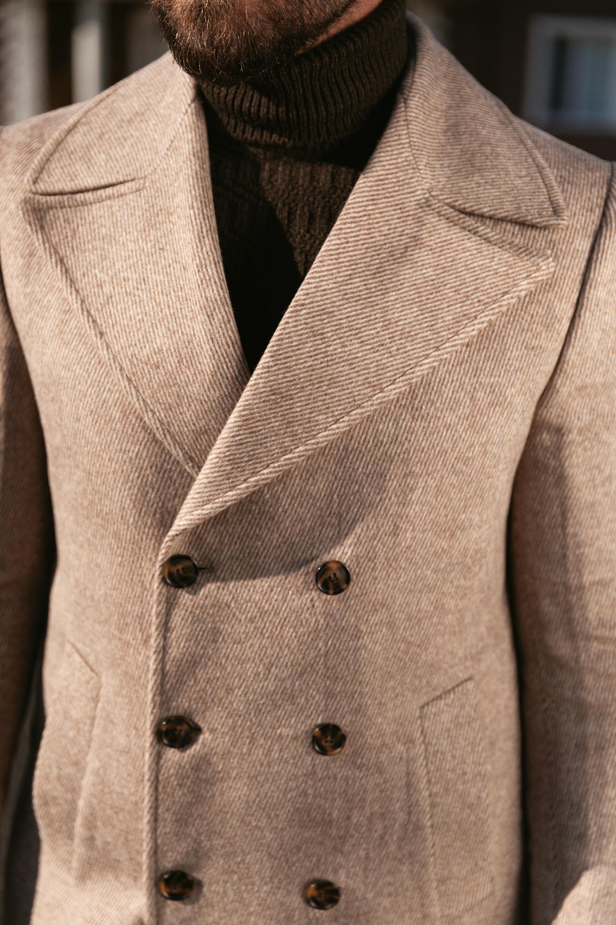 Çizgi Desenli Slim Fit Geniş Yaka Kruvaze Kaşe Erkek Kaban