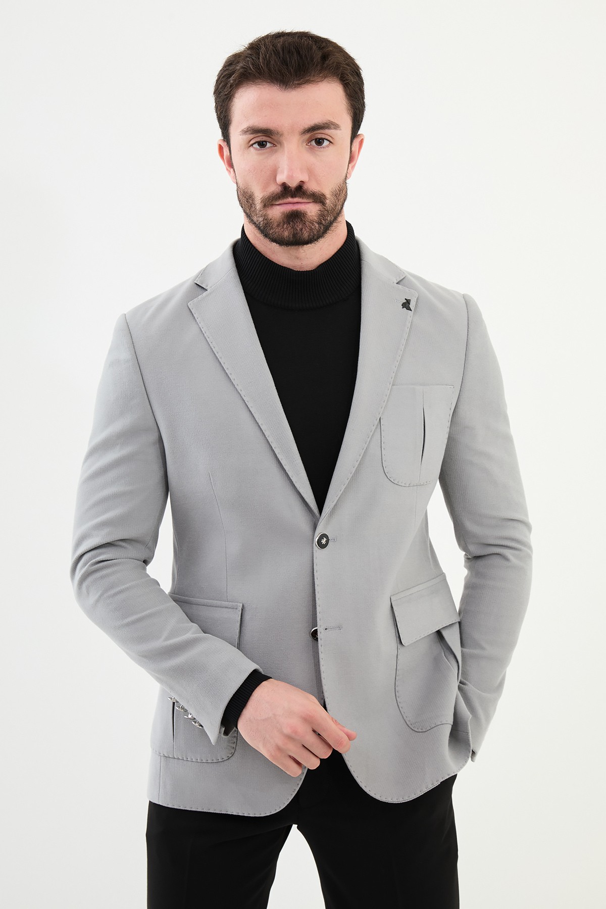 Çizgili Slim Fit Torba Cep Mono Yaka Erkek Ceket - Gri