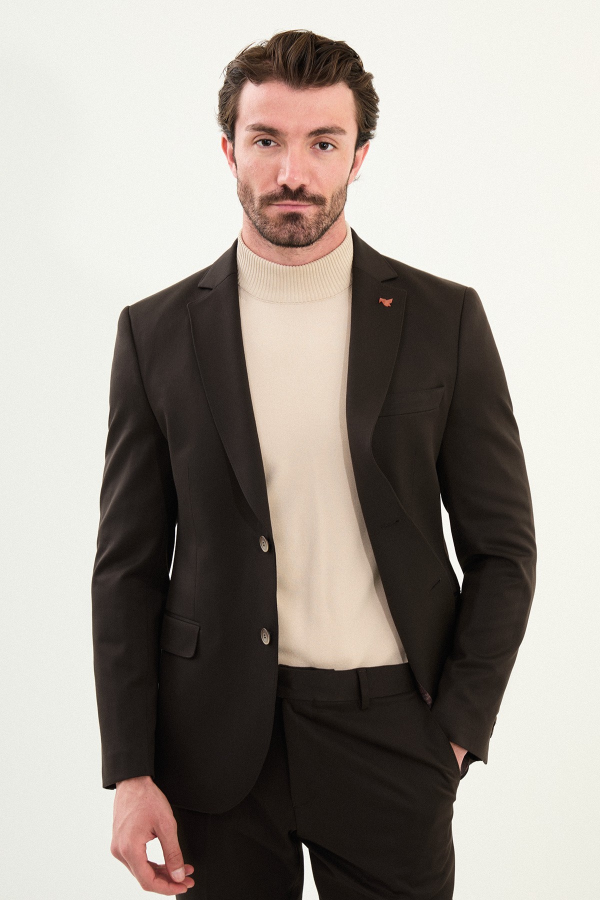 Düz Slim Fit Mono Yaka Klasik Yün Erkek Takım Elbise - Kahverengi