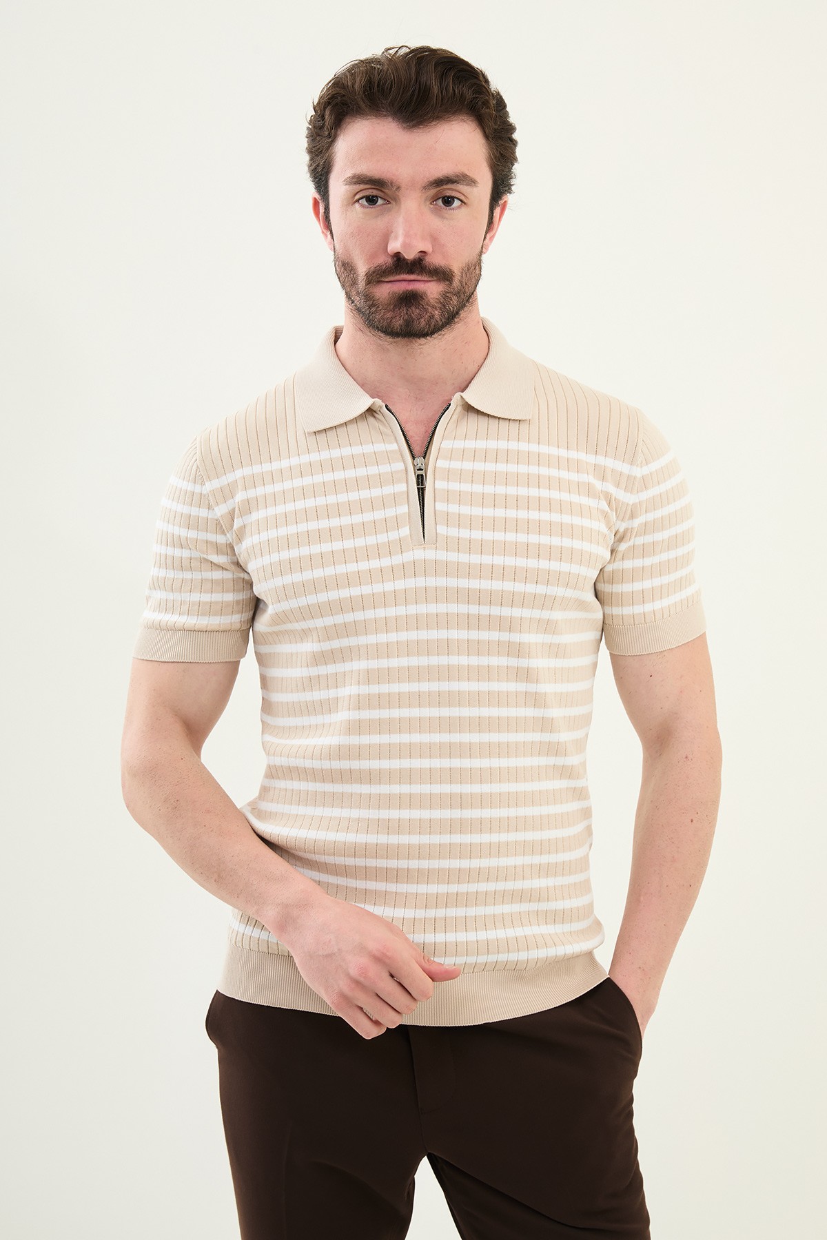 Çizgili Slim Fit Fermuarlı Polo Yaka Erkek Triko T-Shirt - Bej