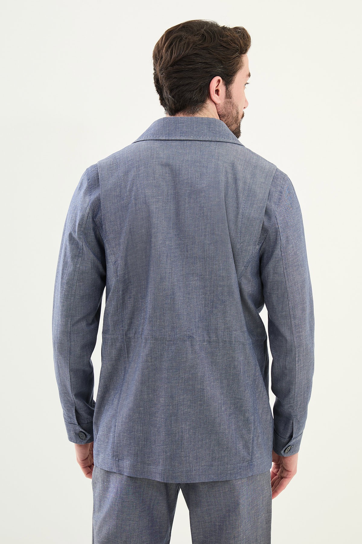 Düz Slim Fit Torba Cep Apaç Yaka Keten Erkek Trenchcoat