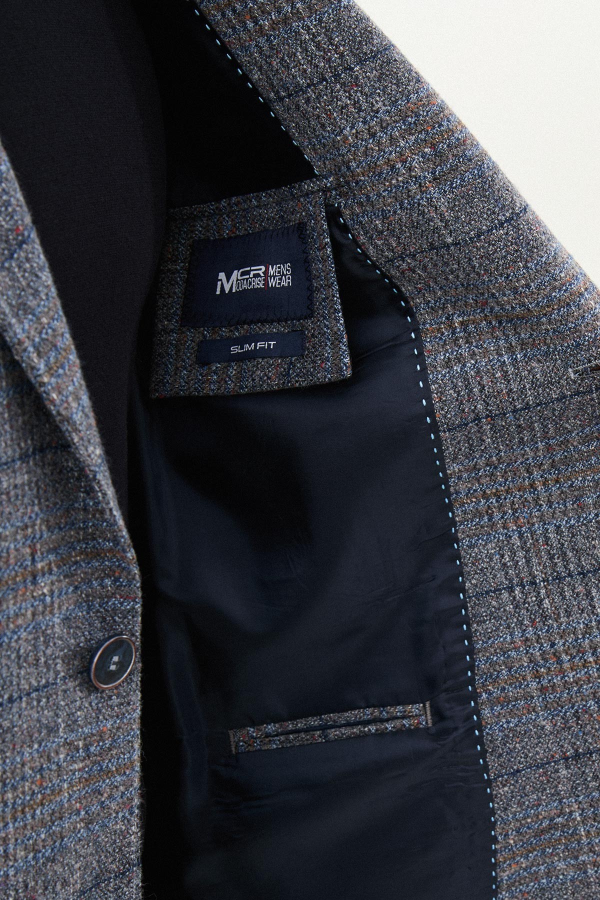 Ekoseli Slim Fit Mono Yaka Yün Erkek Ceket