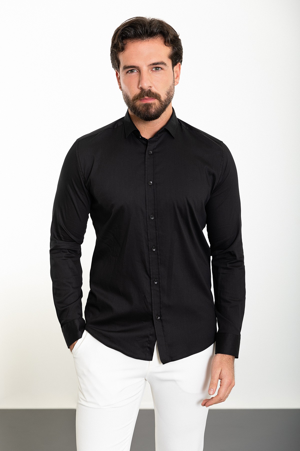 Desenli Slim Fit Klasik Erkek Gömlek - Siyah