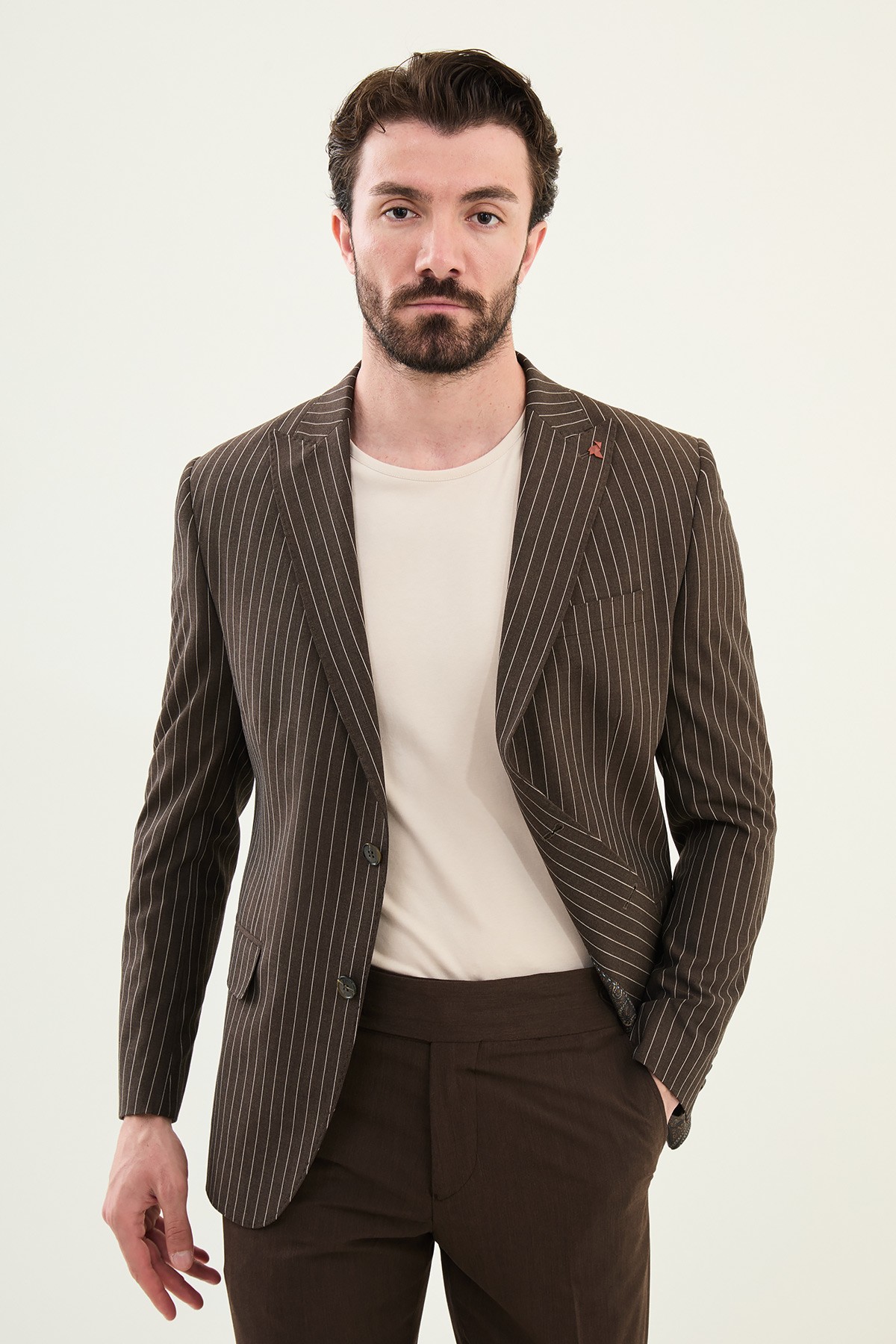Çizgili Slim Fit Geniş Yaka Erkek Ceket