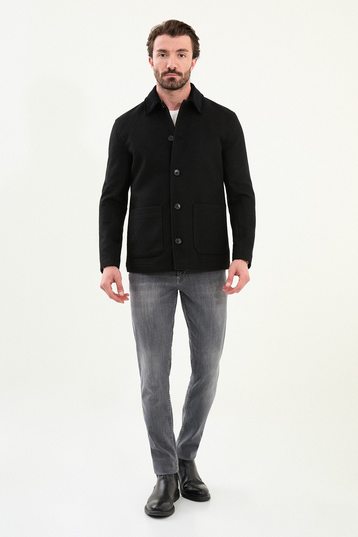 Kırçıllı Slim Fit Kadife Yaka Torba Cepli Erkek Trenchcoat