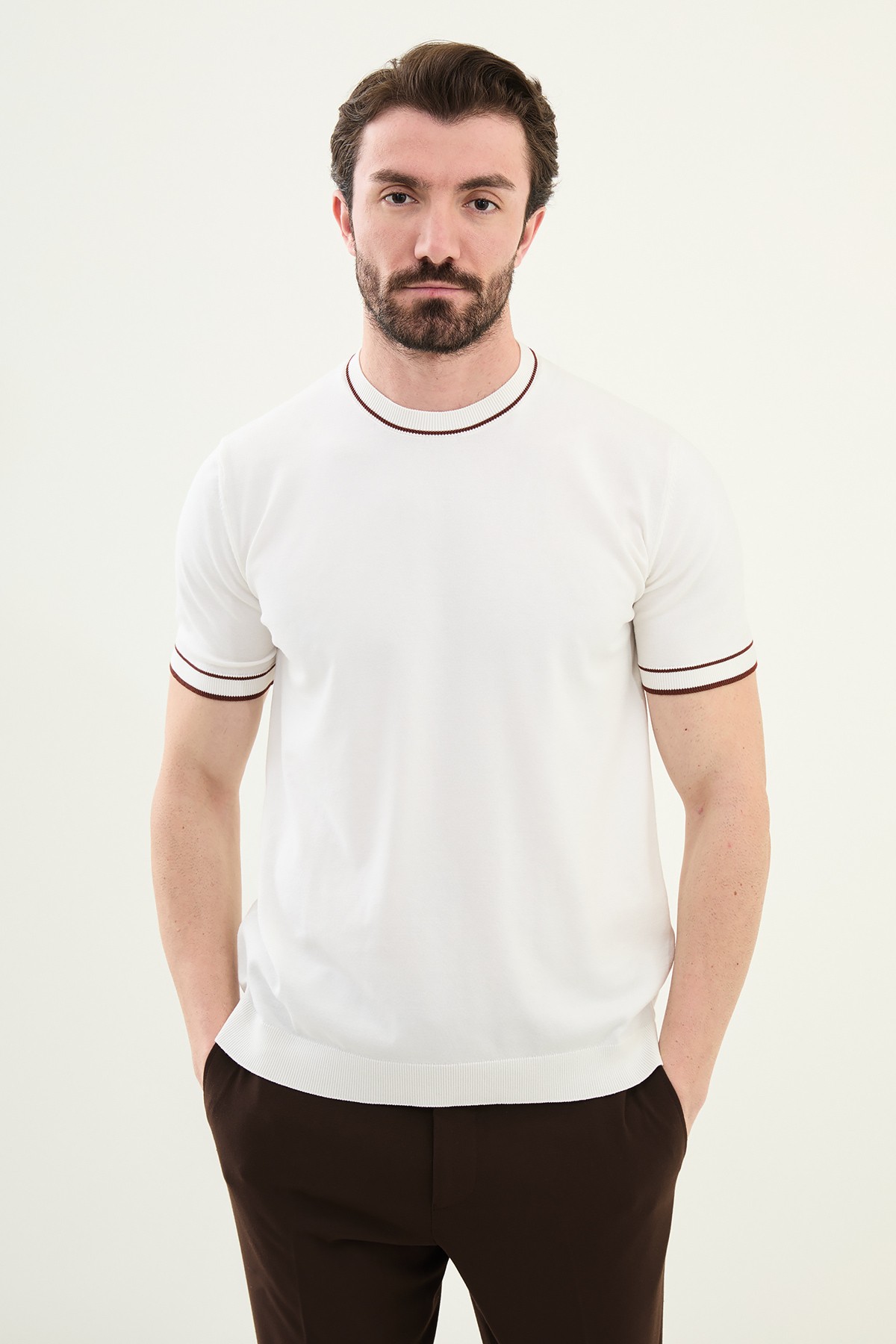 Düz Slim Fit Bisiklet Yaka Erkek Triko T-Shirt - Beyaz-Kiremit