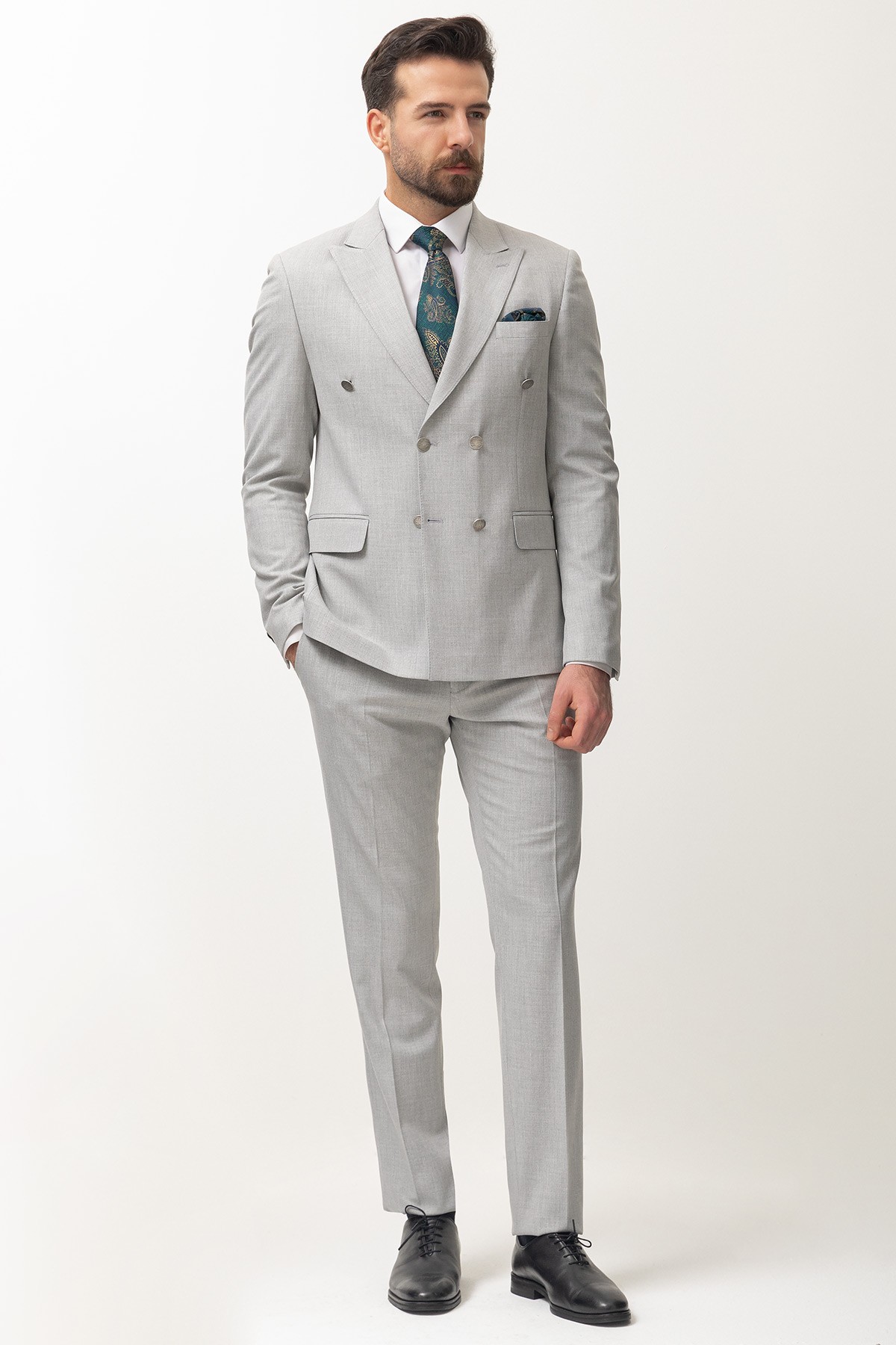 Duz Slim Fit Kırlangıc Yaka Kruvaze Erkek Takım Elbise