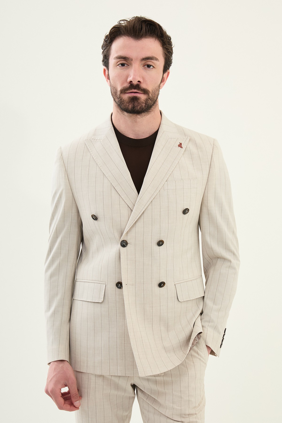 Çizgili Slim Fit Geniş Yaka Kruvaze Erkek Takım Elbise - Taş