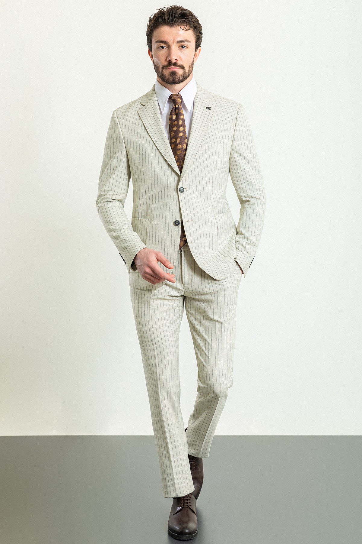 Çizgili Slim Fit Geniş Yaka Keten Erkek Takım Elbise