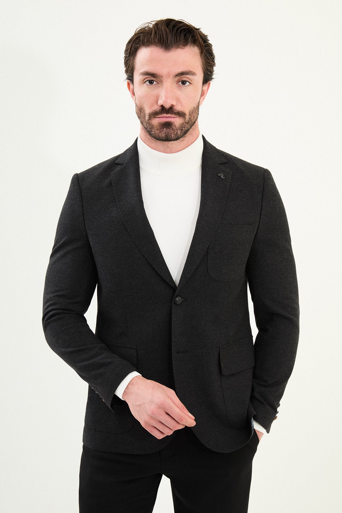 Düz Slim Fit Torba Cep Mono Yaka Yün Erkek Ceket