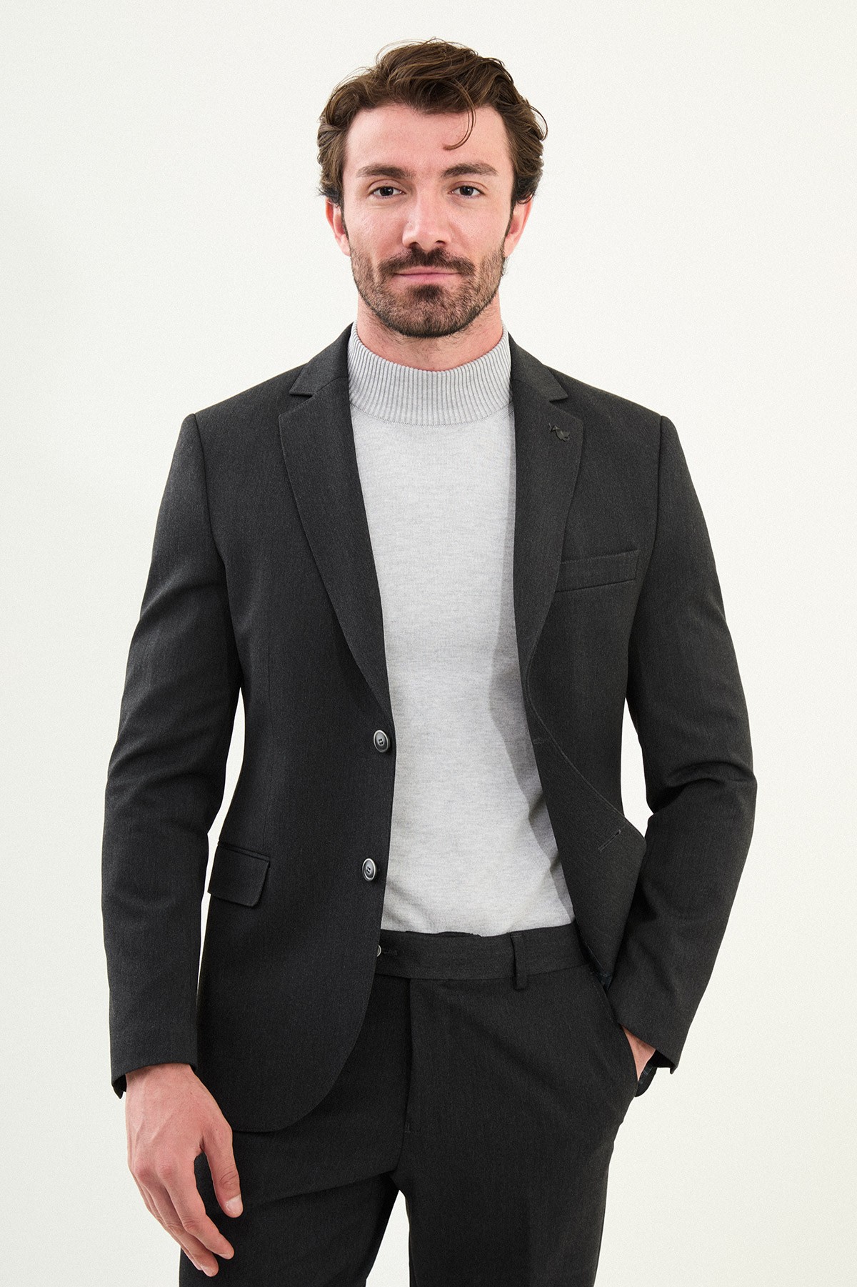 Düz Slim Fit Mono Yaka Klasik Yün Erkek Takım Elbise - Antrasit