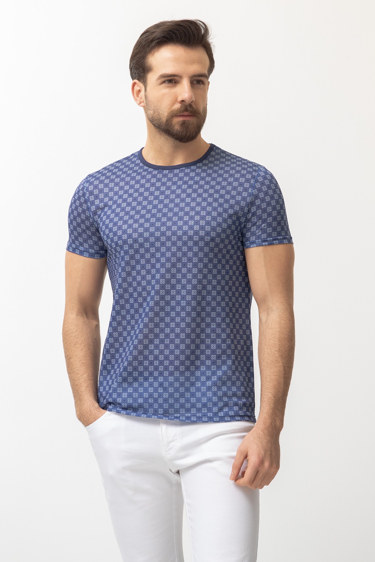 Desenli Slim Fit Bisiklet Yaka Erkek T-Shirt - Lacivert