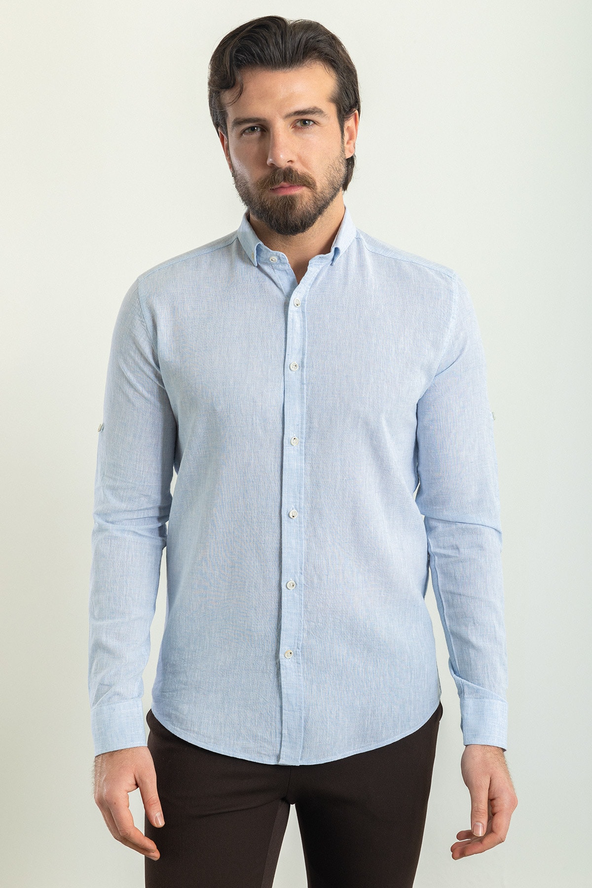 Desenli Slim Fit Uzun Kollu Keten Erkek Gömlek