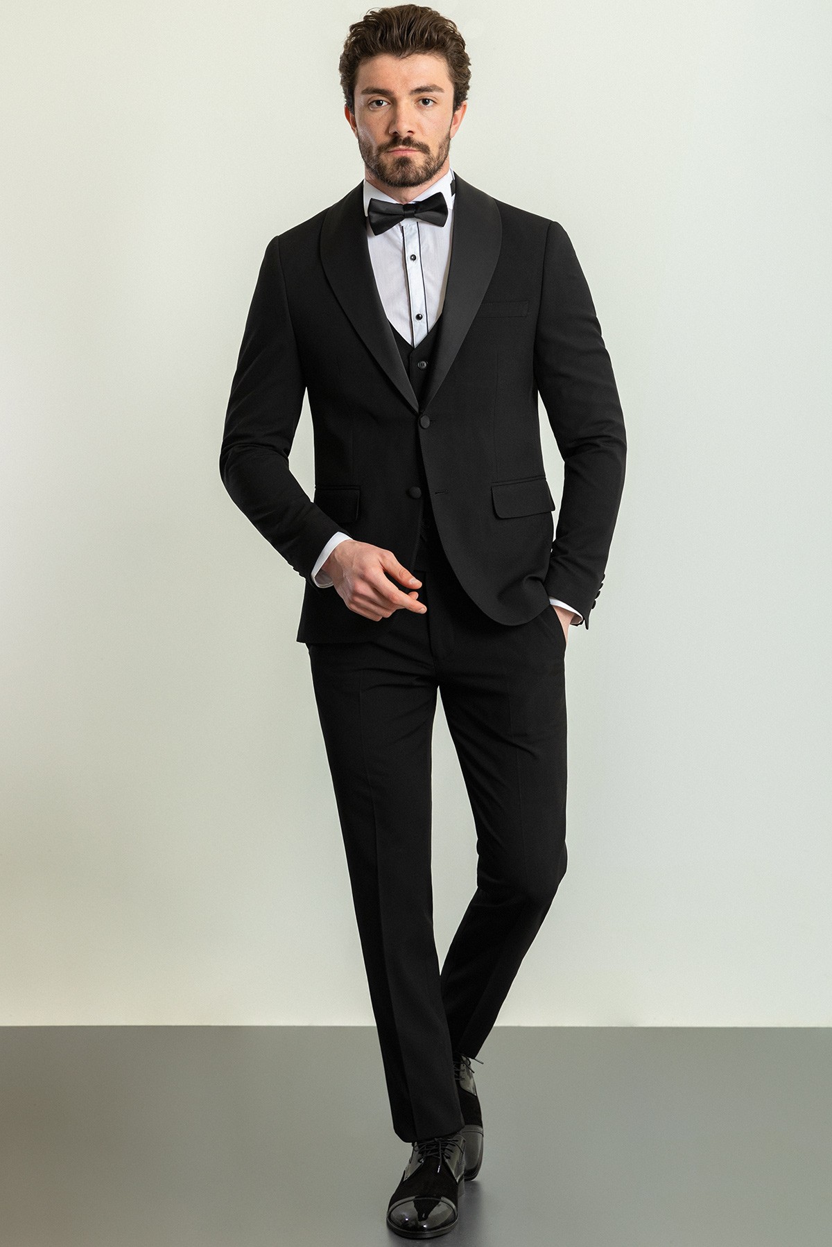 Düz Slim Fit Şal Yaka Saten Erkek Damatlık - Siyah