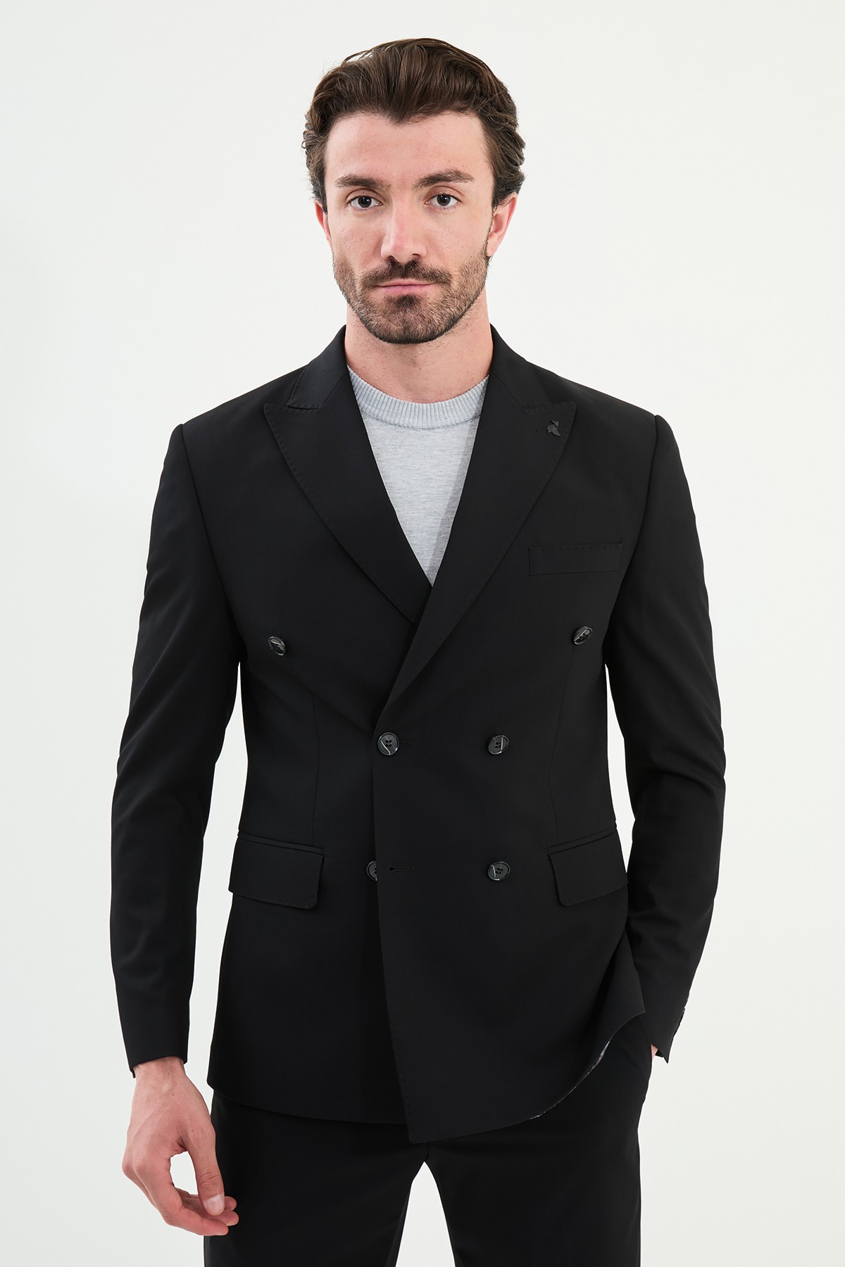 Düz Slim Fit Geniş Yaka Kruvaze Erkek Takım Elbise