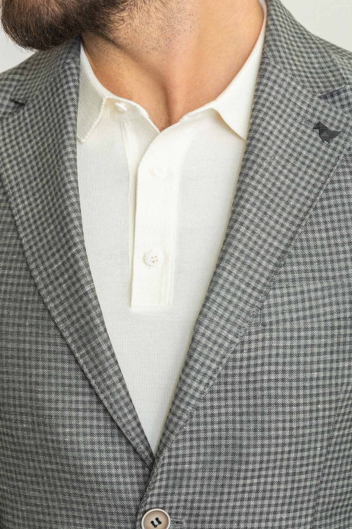 Kareli Slim Fit Mono Yaka Keten Erkek Ceket