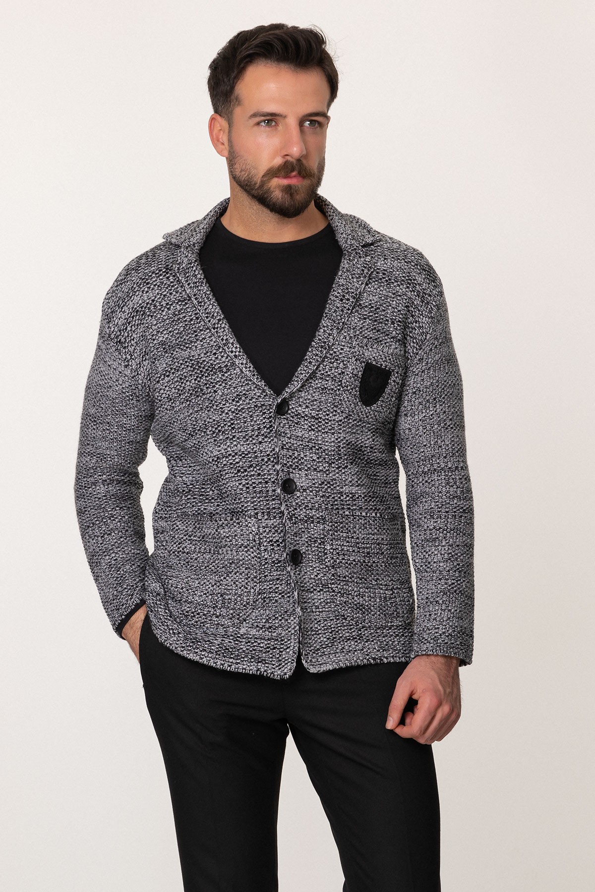 Kırçıllı Slim Fit Yün Erkek Triko Ceket - Açık Gri