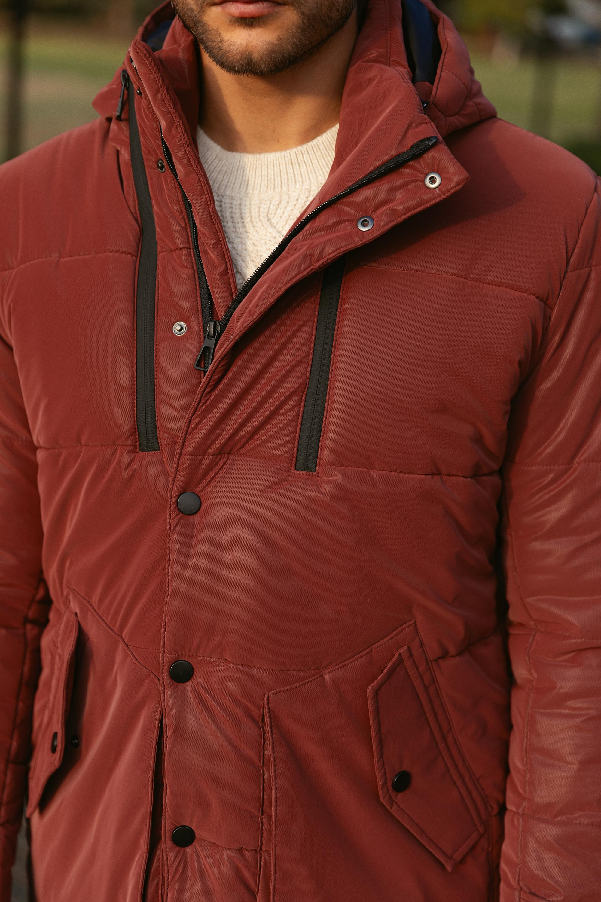 Düz Slim Fit Fermuar Detaylı Kapüşonlu Erkek Kaban