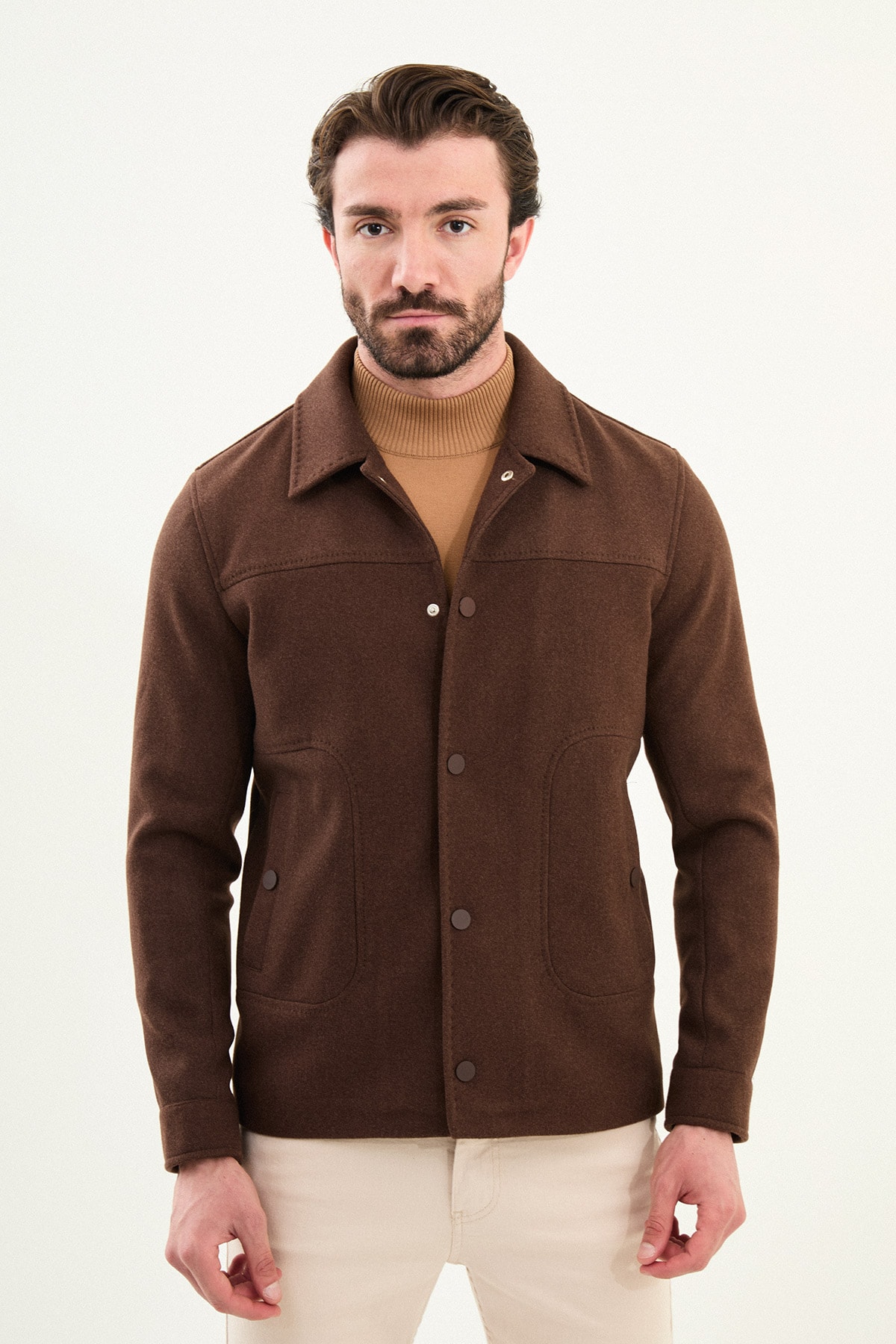 Düz Slim Fit Gömlek Yaka Çıtçıtlı Kaşe Erkek Mont - Kahverengi