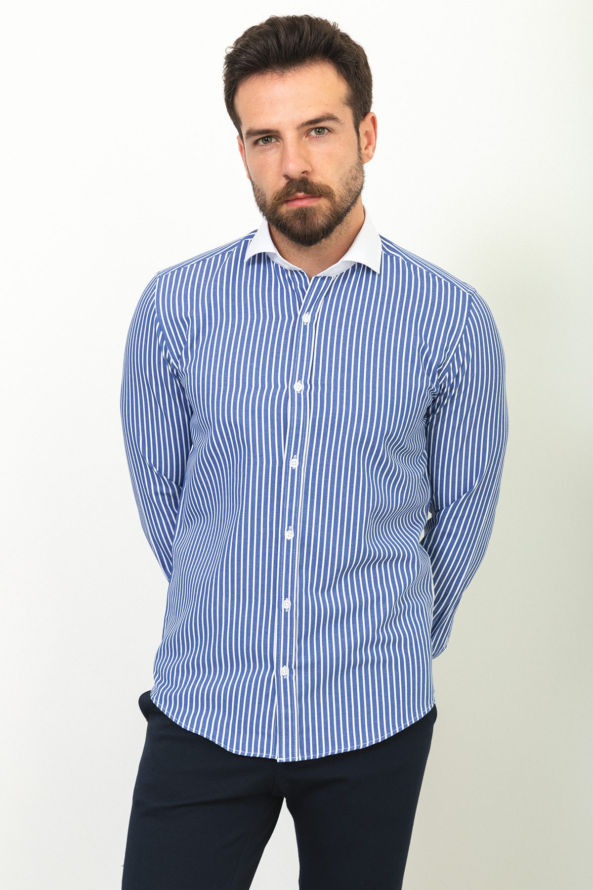 Çizgili Slim Fit İtalyan Yaka Erkek Gömlek