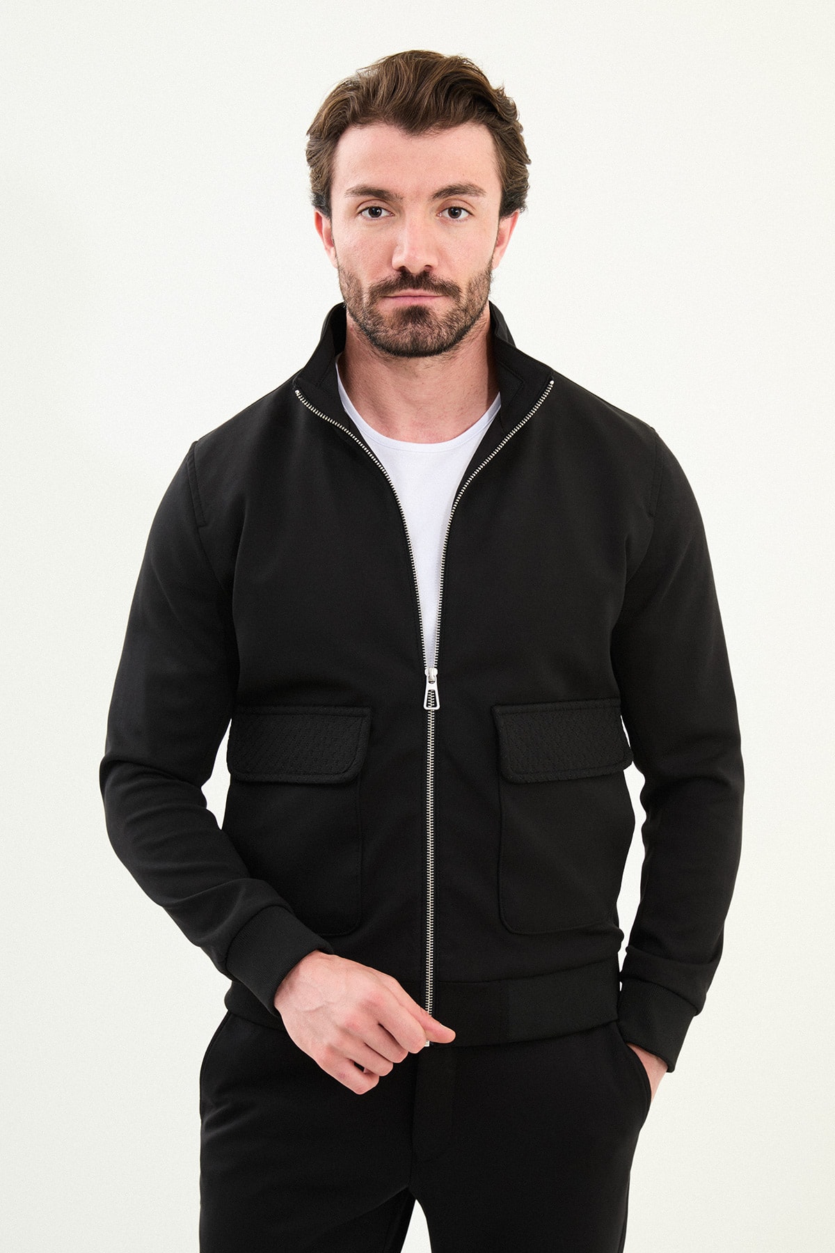 Düz Slim Fit Fermuarlı Torba Cepli Hakim Yaka Pantolon Mont - Siyah