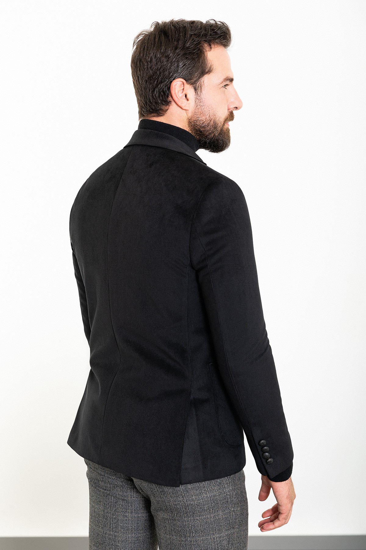 Çizgili Slim Fit Torba Cep Mono Yaka Kadife Erkek Ceket