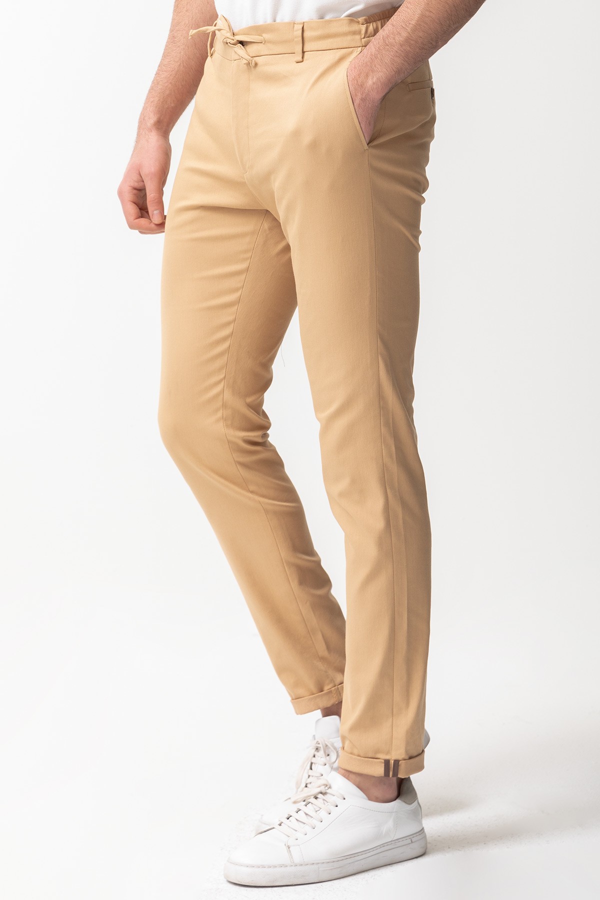Düz Super Slim Fit Beli Lastikli İpli Erkek Pantolon - Bej