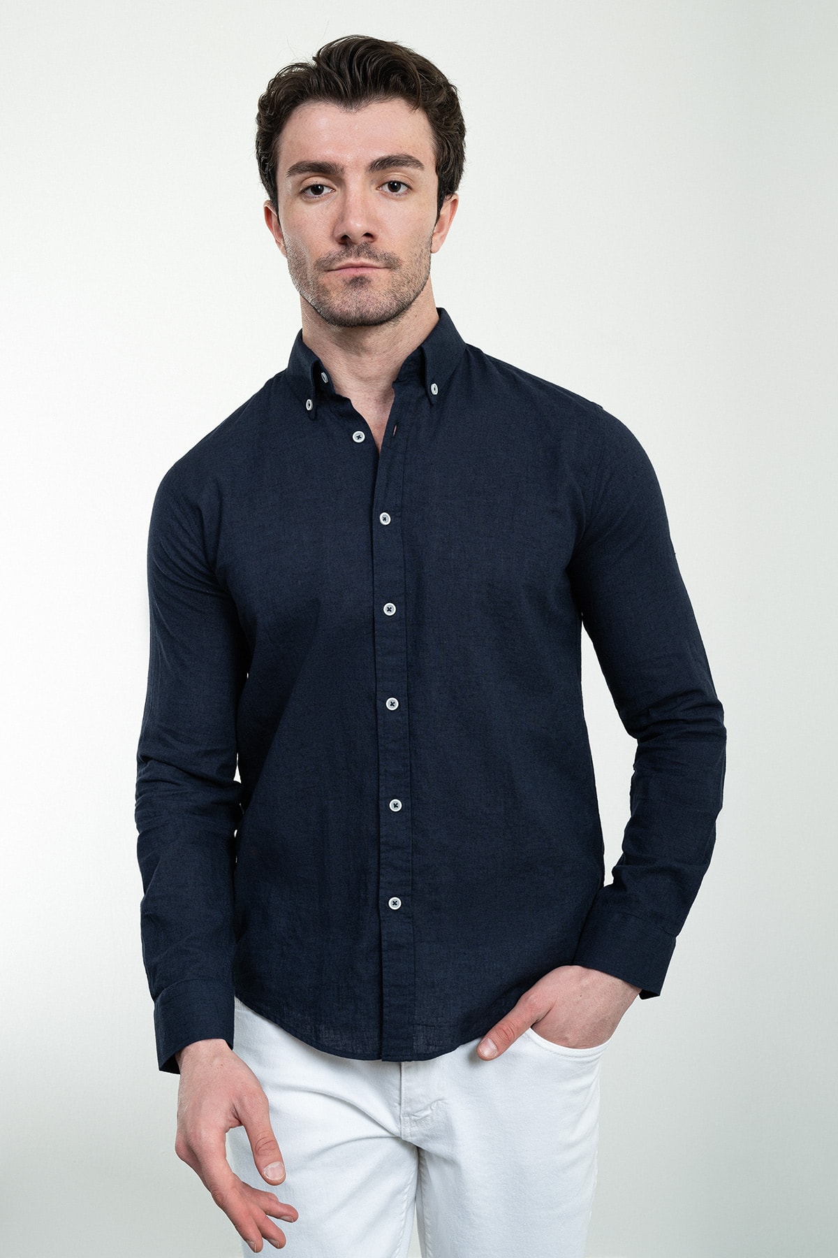 Düz Slim Fit Uzun Kollu Keten Erkek Gömlek - Lacivert