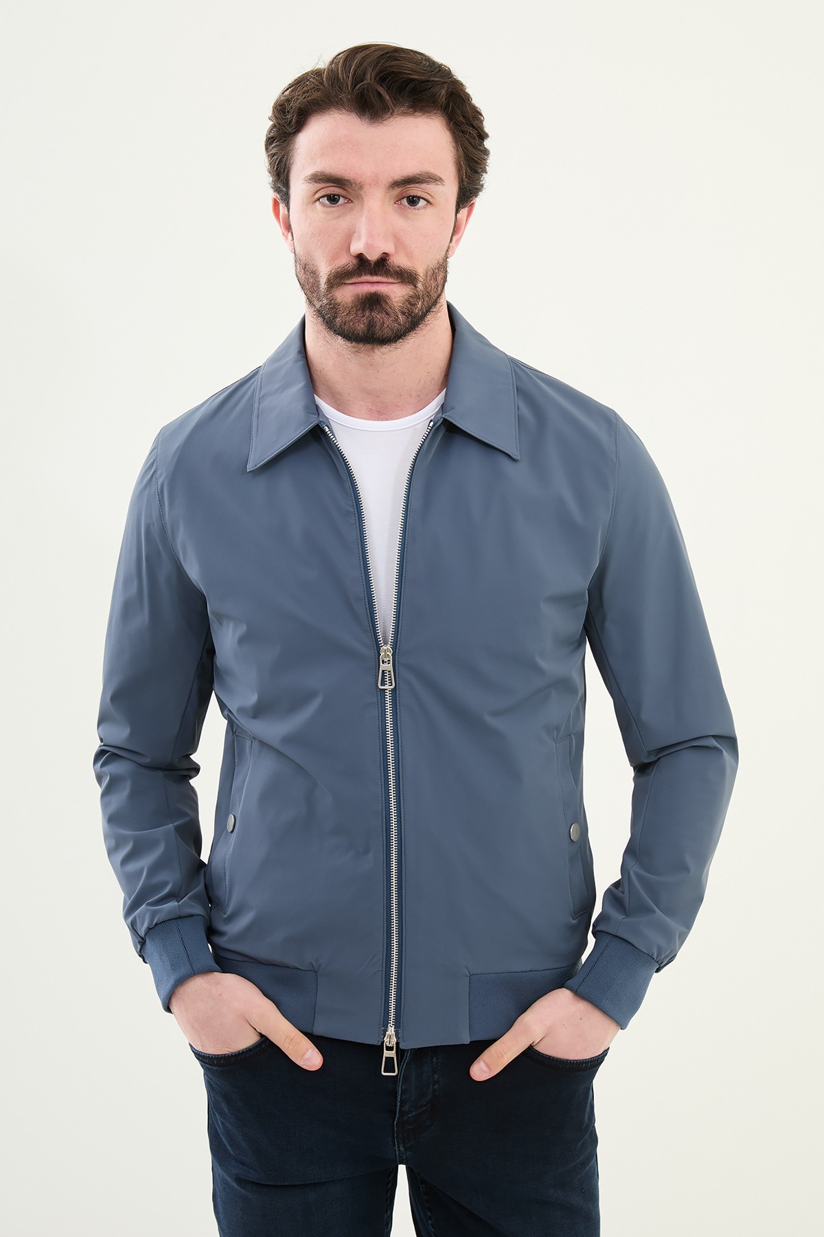 Düz Slim Fit Gömlek Yaka Çift Fermuar Erkek Mont - İndigo
