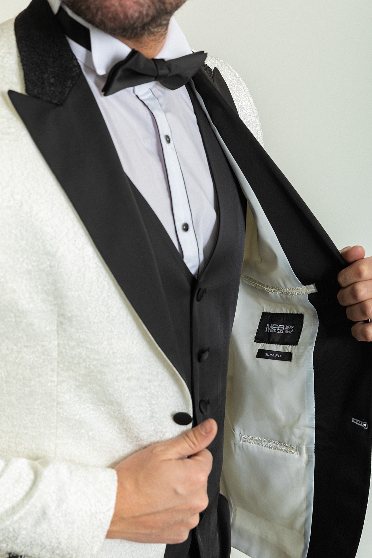 Desenli Slim Fit Geniş Yaka Saten Erkek Damatlık