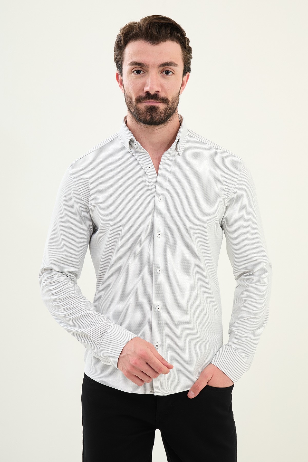 Çizgili Slim Fit Pamuk Erkek Gömlek - Siyah