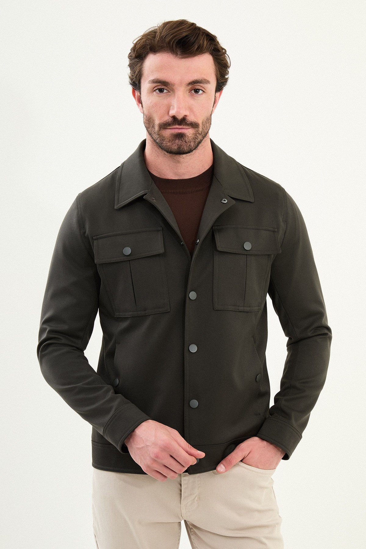Düz Slim Fit Gömlek Yaka Erkek Mont - Haki