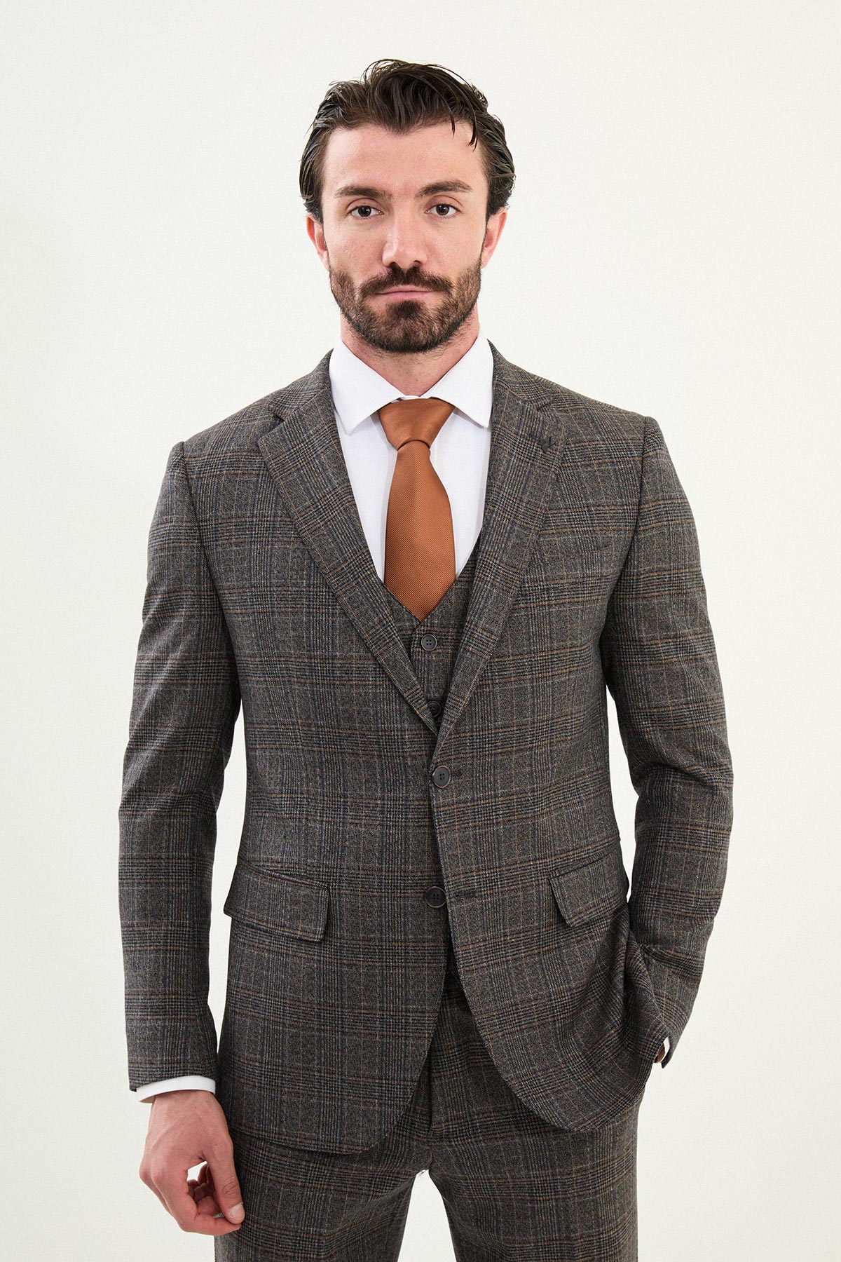 Ekoseli Slim Fit Mono Yaka Erkek Takım Elbise