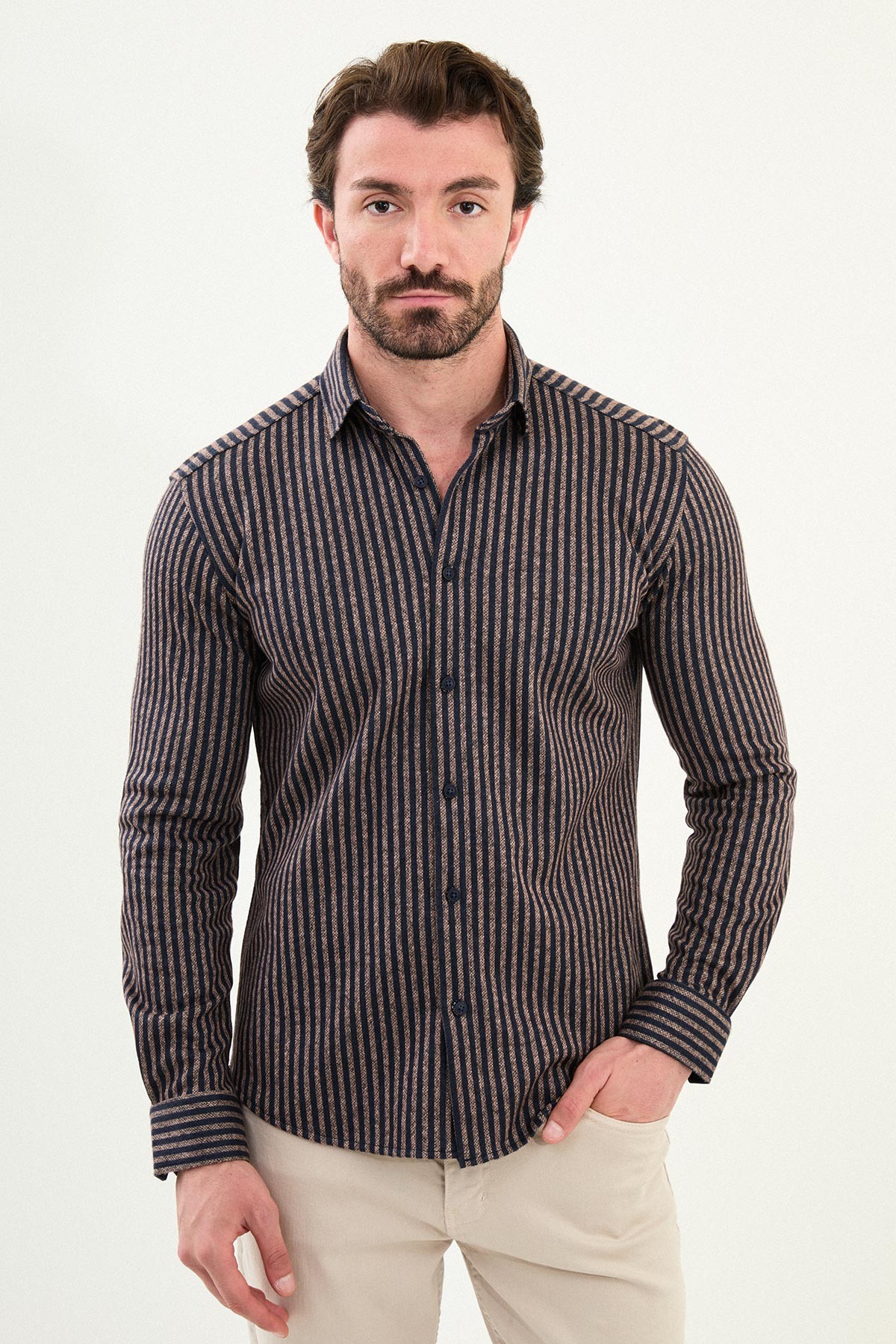 Çizgili Slim Fit Yün Erkek Gömlek - Lacivert-Kamel