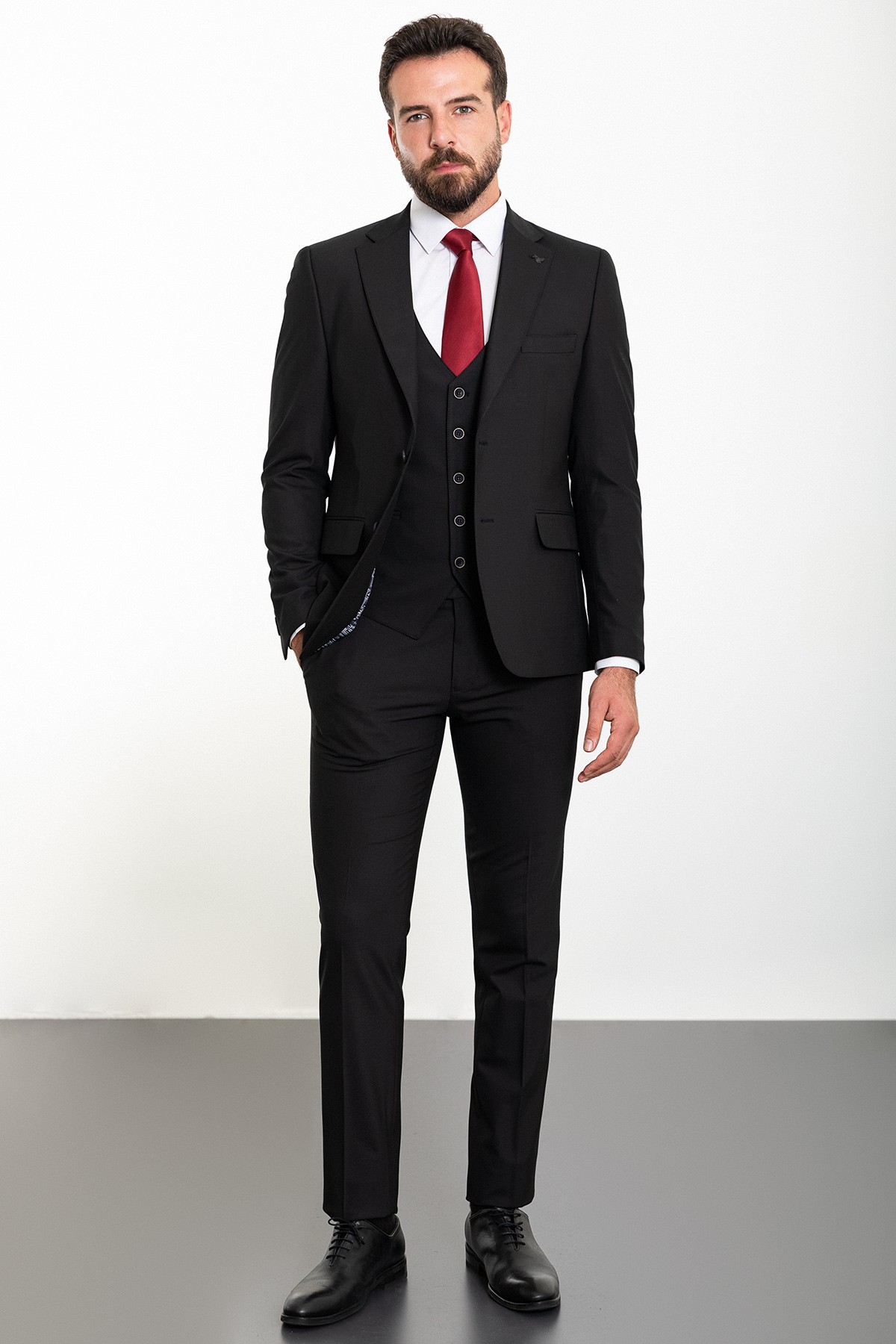 Düz Slim Fit Mono Yaka Yün Klasik Erkek Takım Elbise - Siyah
