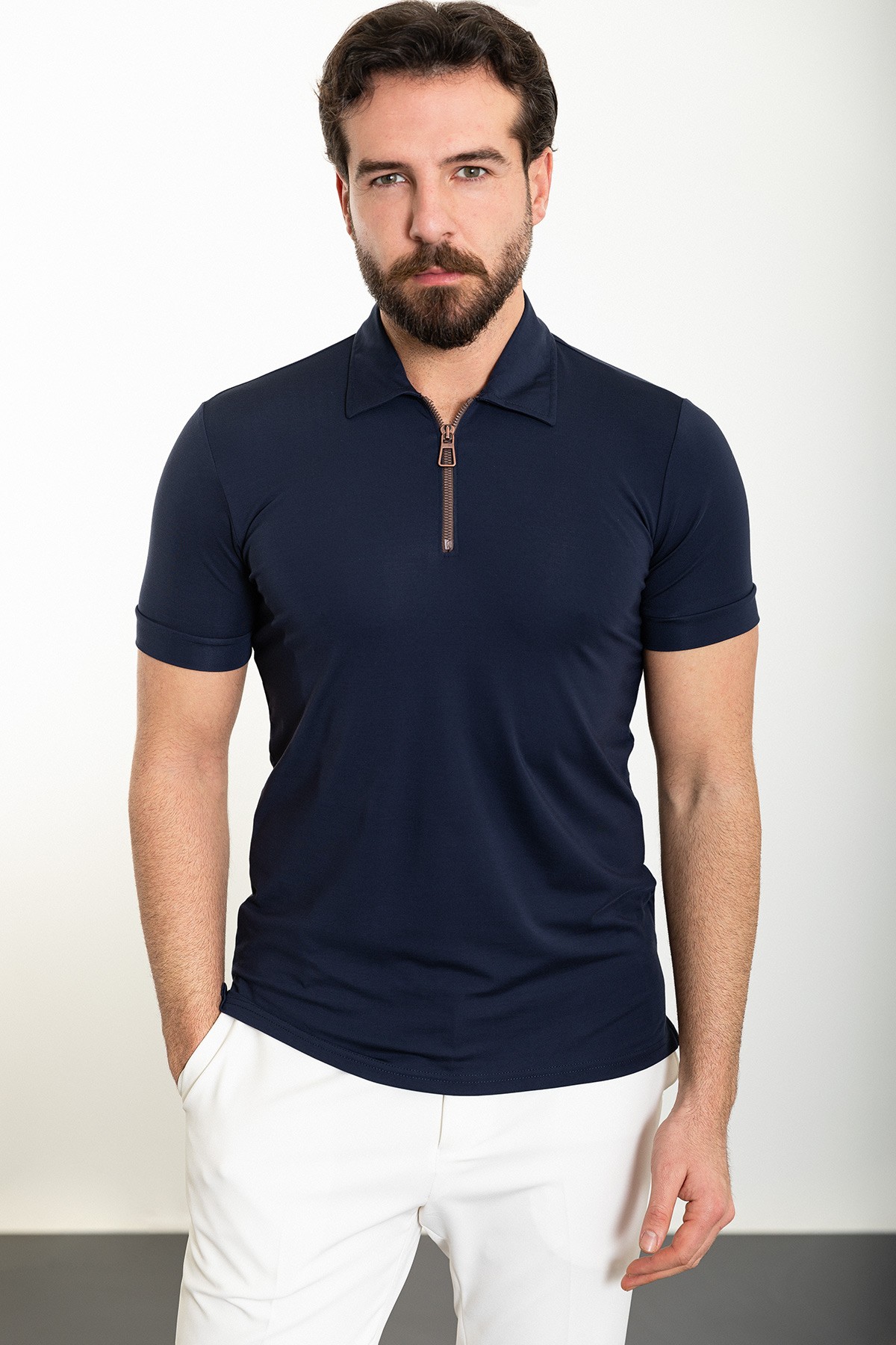 Düz Slim Fit Fermuarlı Polo Yaka Erkek T-Shirt - Lacivert