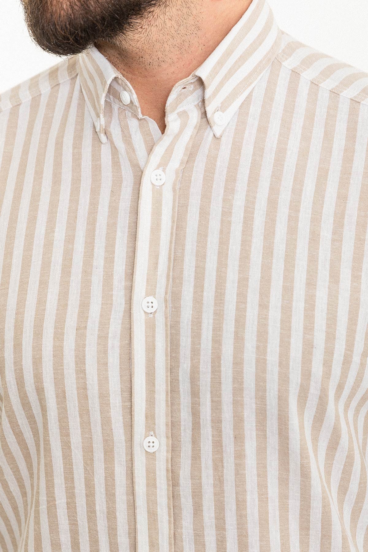Çizgili Slim Fit Uzun Kollu Keten Erkek Gömlek