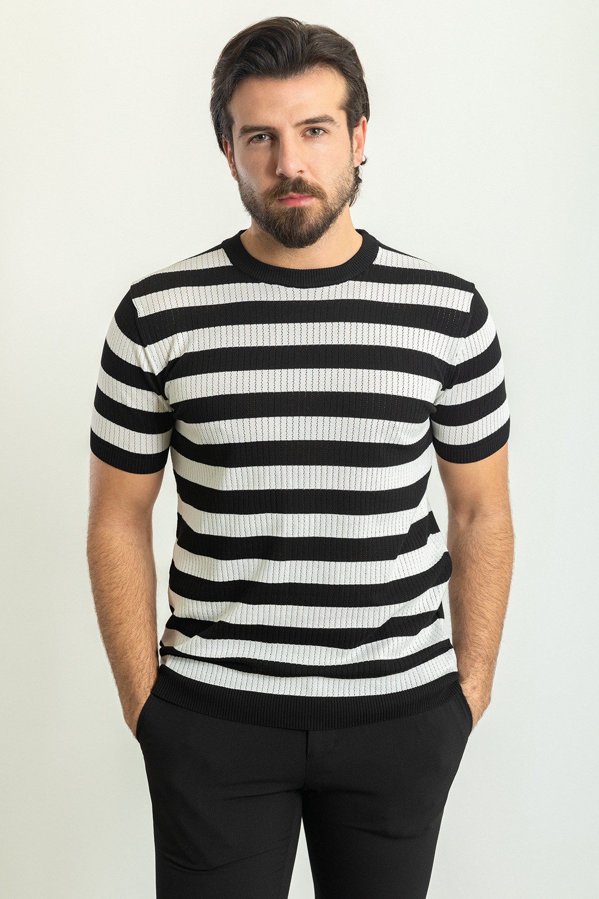 Yatay Çizgili Slim Fit Bisiklet Yaka Erkek Triko T-Shirt