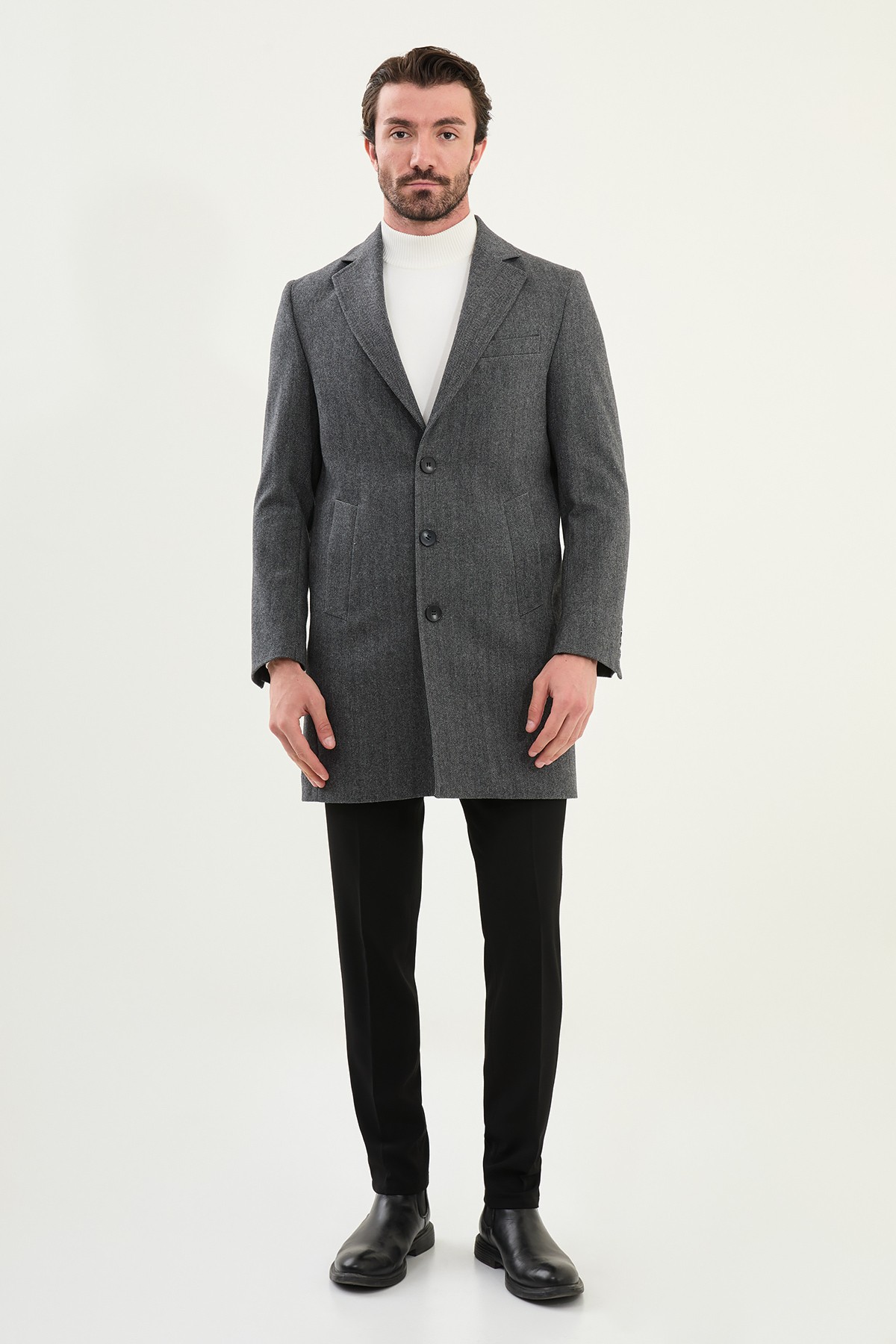 Desenli Slim Fit Mono Yaka Kaşe Erkek Kaban